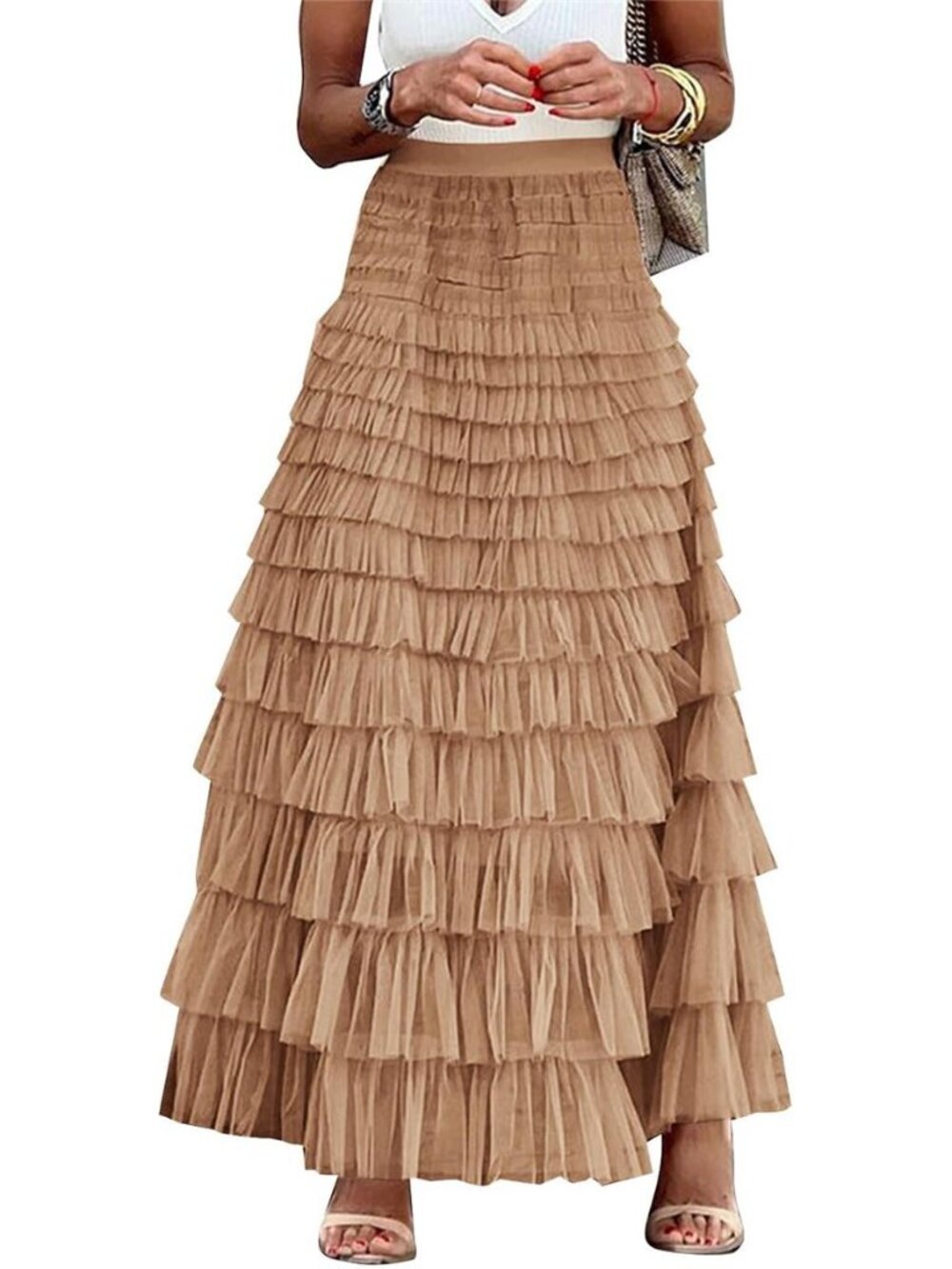 Beige Tulle Maxi Skirt Tiered Ruffle Layered A Line Fairycore Long Skirt